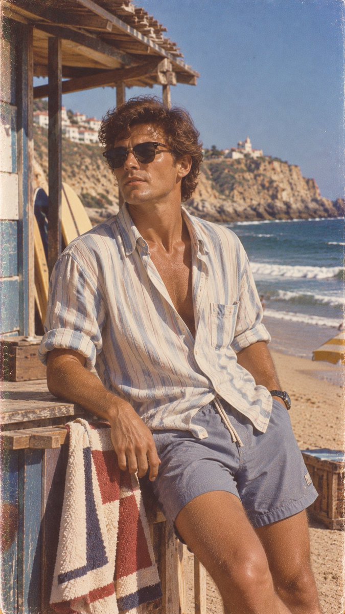 创作一张超写实的复古 1980 年代风格照片，画面中一位明显成年的葡萄牙女性（二十五六岁左右）正在葡萄牙海岸的阳光海滩上享受时光。她拥有自然的地...