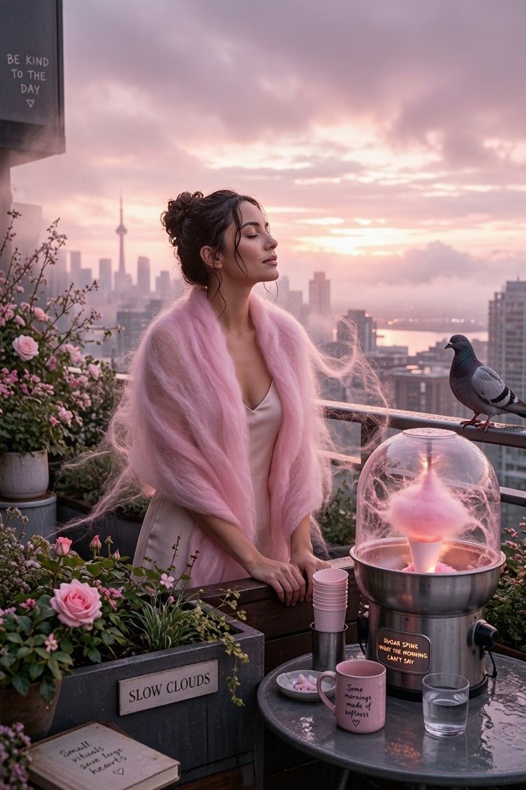 拂晓时分，一个屋顶花园中的写实画面。一位女子站在花箱边缘，身披一缕旋转云朵织成的披肩，色彩为柔和的棉花糖粉色，纤维仍在微微飘散。她身旁的桌上有一台棉花糖机嗡嗡作响，糖丝缓缓旋转成缎带。花箱上有...