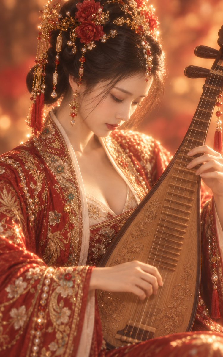 5:8 竖幅，真人写实古风近景人像，成年东亚女性，极近距离胸像构图，人物占据画面大部分区域，身体轻微侧转，头部向右下方低垂，呈清晰的三分之二侧脸...