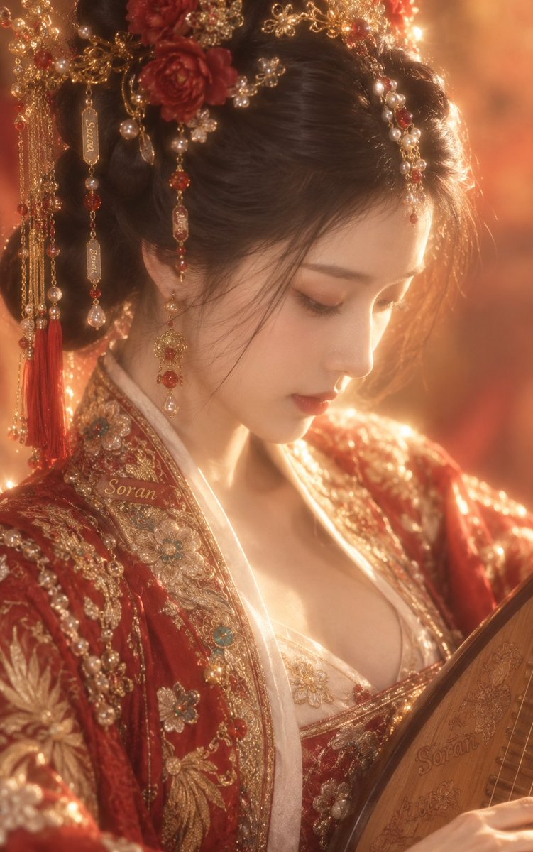 5:8 竖幅，真人写实古风近景人像，成年东亚女性，极近距离胸像构图，人物占据画面大部分区域，身体轻微侧转，头部向右下方低垂，呈清晰的三分之二侧脸，视线自然落向右下近处，全程不看镜头。上眼睑低垂...