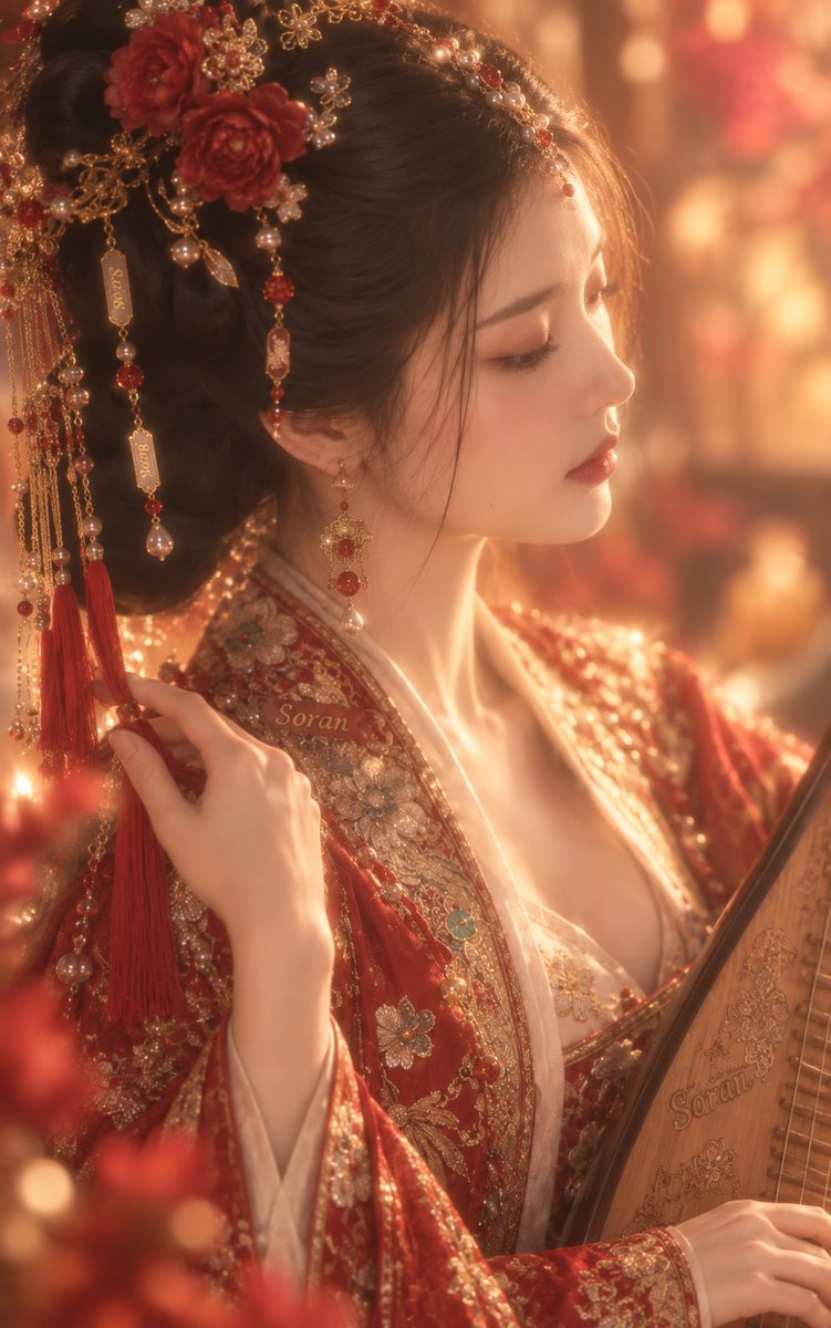 5:8 竖幅，真人写实古风近景人像，成年东亚女性，极近距离胸像构图，人物占据画面大部分区域，身体轻微侧转，头部向右下方低垂，呈清晰的三分之二侧脸，视线自然落向右下近处，全程不看镜头。上眼睑低垂...