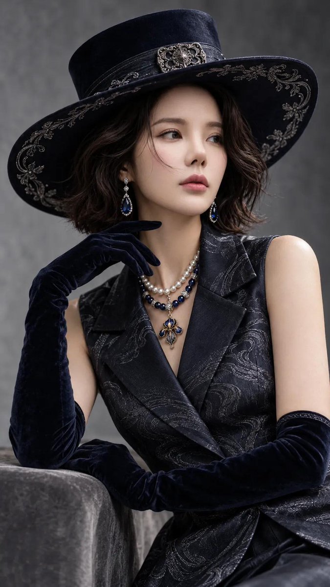 高端时尚摄影棚人像：一位优雅的东亚女性，留着波浪形深色短发，头戴一顶宽檐黑色天鹅绒高顶礼帽，帽檐饰有精致的银色刺绣，帽带配有金属复古搭扣。她身穿一件无袖定制深色背心，饰有银色漩涡花纹，并配以深...
