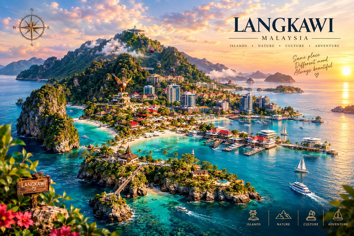 GPT IMAGE 2.5 GIF 提示词 👇 将三张所提供的旅行海报参考图转化为一张惊艳的、超高端的动画旅行目的地艺术作品,将 LANGKAW...