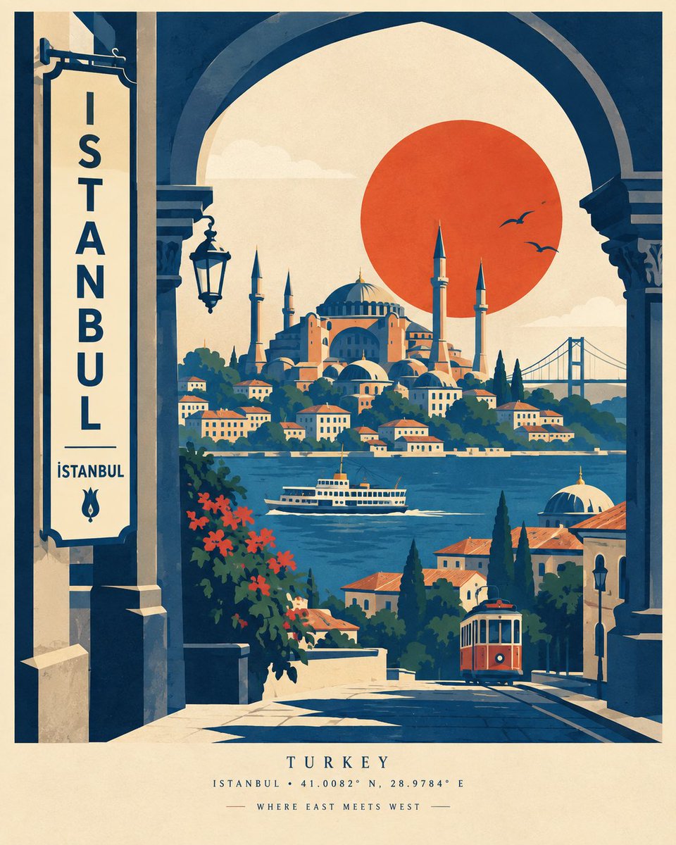 为 [CITY, COUNTRY] 创作一张高端现代的旅行海报，灵感源自大胆的复古丝网印刷风格与中世纪平面设计，但采用原创的建筑门廊式构图。 在...