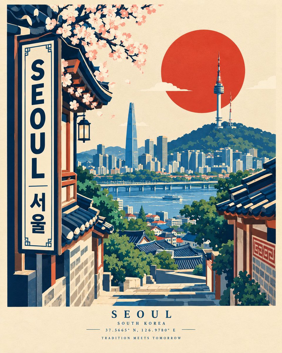 为 [CITY, COUNTRY] 创作一张高端现代的旅行海报，灵感源自大胆的复古丝网印刷风格与中世纪平面设计，但采用原创的建筑门廊式构图。 在前景放置一个大型且独特的 [LOCAL ARCH...