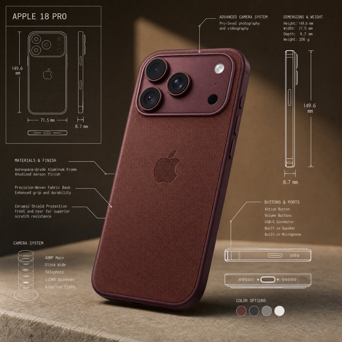 [Apple 18 pro] 的高级技术信息图。 仅使用参考图片来理解物体的形状和结构，不要复制相同的照片、角度、构图或背景。以全新专业且真实的摄影方式重新诠释主体，画面干净、光线充足，并搭配...