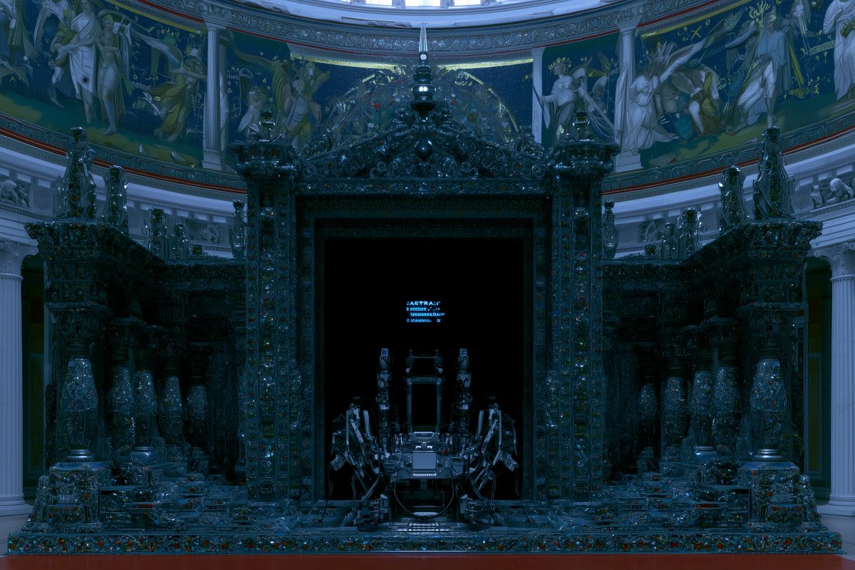 一张对称的广角镜头，画面中是一座由大理石和彩色宝石制成的古希腊宗教祭坛；祭坛正中央有一件神秘的科技装置，装置上有一个小型 ASCII 显示屏，显示着单词 "ASTRA."。该场景设置在一座古典...
