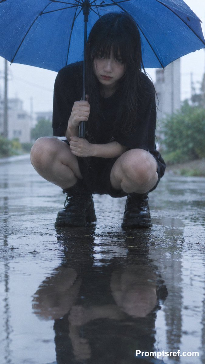 https://t.co/UqlJLsUwfF 一张现实风格的雨日街头人像照片,呈现出2000年代初日本独立杂志摄影的视觉语言与低分辨率便携式数码相机的质感。使用一个狭窄的近似9:16竖构图画...