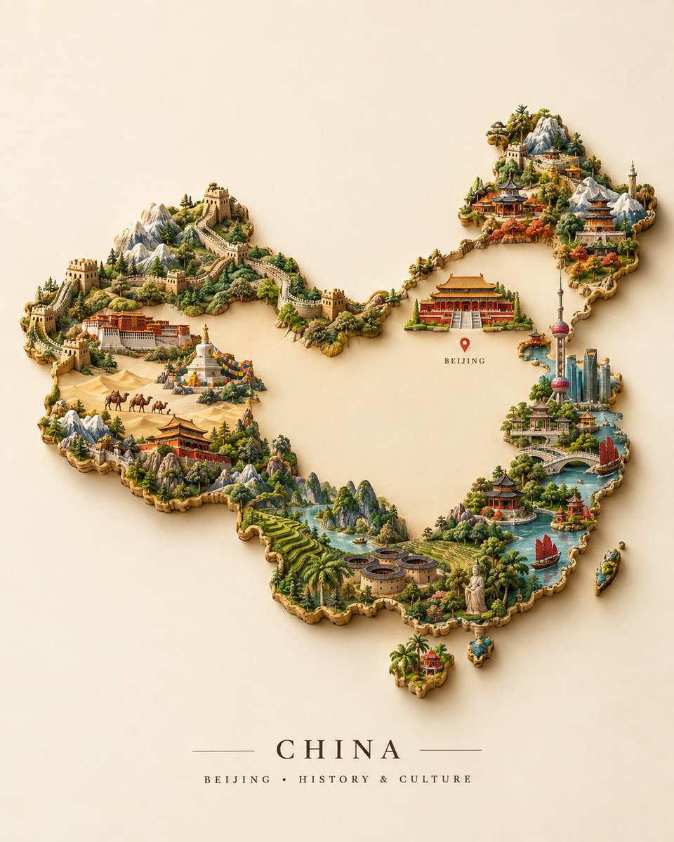 GPT image 2.5 PROMPT 创建一个独特的 3D 微缩 [COUNTRY]，整个国家边界由其最具标志性的地标和文化符号构成。安排著...