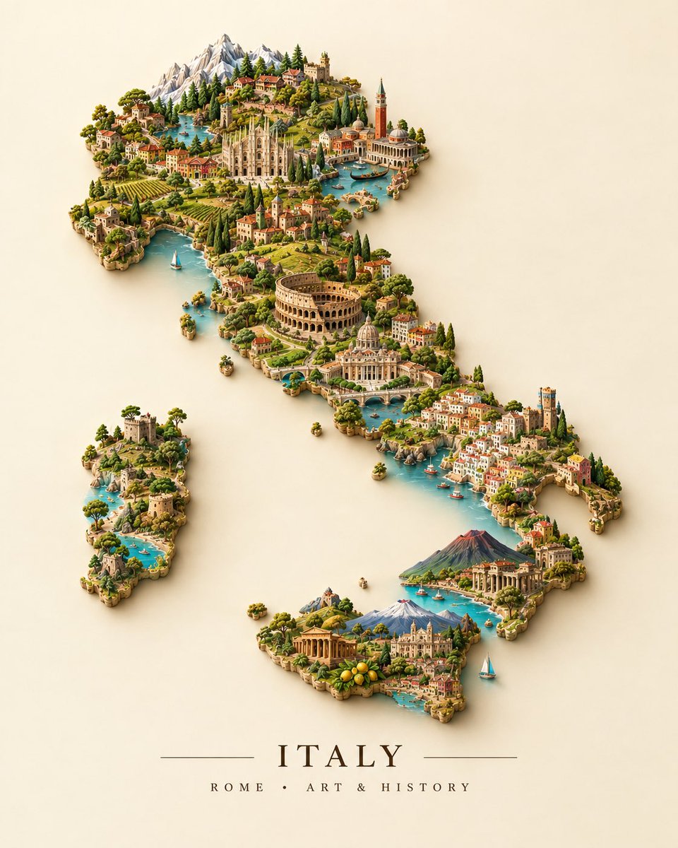 GPT image 2.5 PROMPT 创建一个独特的 3D 微缩 [COUNTRY]，整个国家边界由其最具标志性的地标和文化符号构成。安排著名建筑、纪念碑、桥梁、山脉、寺庙、塔楼、传统建筑...