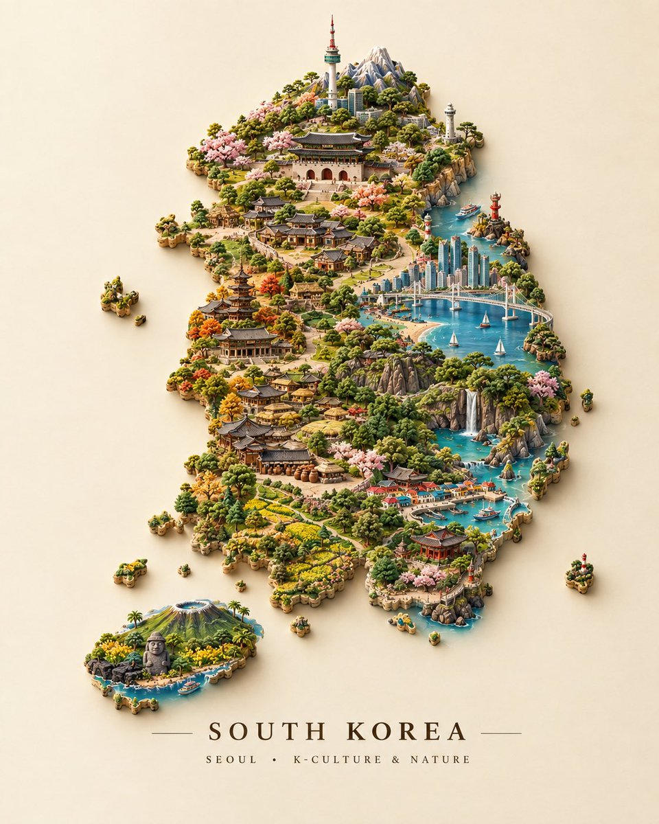 GPT image 2.5 PROMPT 创建一个独特的 3D 微缩 [COUNTRY]，整个国家边界由其最具标志性的地标和文化符号构成。安排著名建筑、纪念碑、桥梁、山脉、寺庙、塔楼、传统建筑...