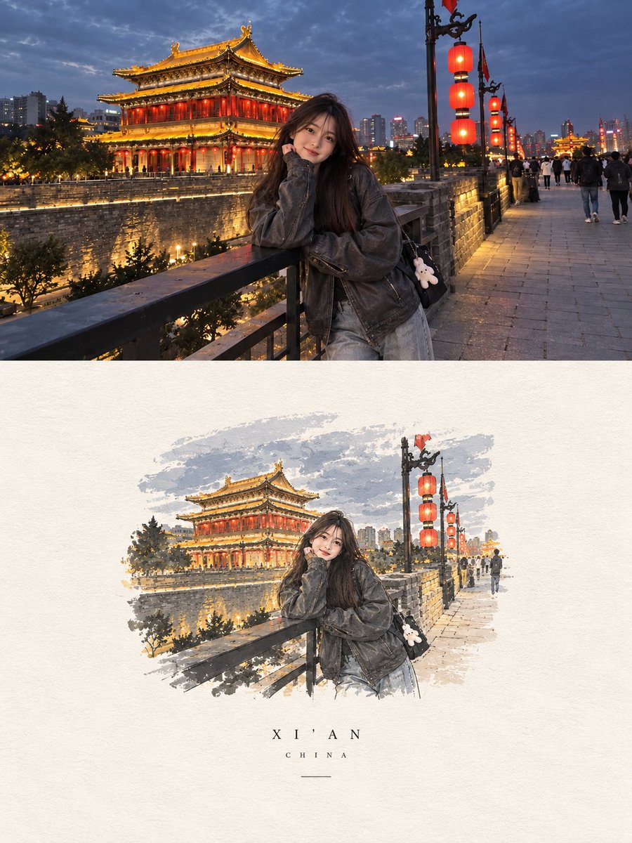 一张真实自然的抓拍旅行照片,画面中一位年轻的东亚女性夜晚站在古城墙旁的一条古老石板路上。她身后是一座美丽的中国传统风格建筑,散发着温暖的金色灯光...