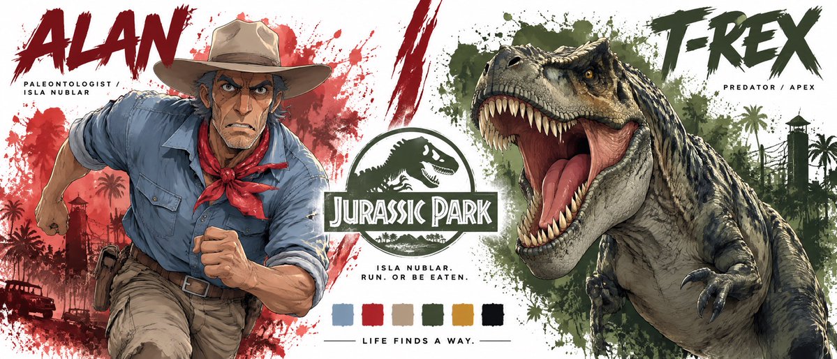 “为 ALAN 与 T-REX 制作一张高端电影感角色圣经设定图。严格使用已上传的角色设定图作为两人的视觉参考。不得改变任何一方的外观。 版式：...
