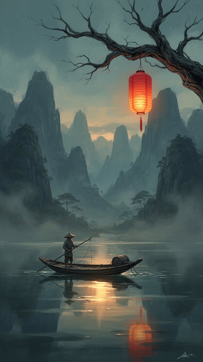 忧郁的东方神话风格黄昏风景插画：一位孤独的渔夫站在一艘小木船上，漂浮于静谧薄雾的水面上，层叠的蓝灰色山影渐渐隐入雾中，一根光秃扭曲的树枝从画面顶...