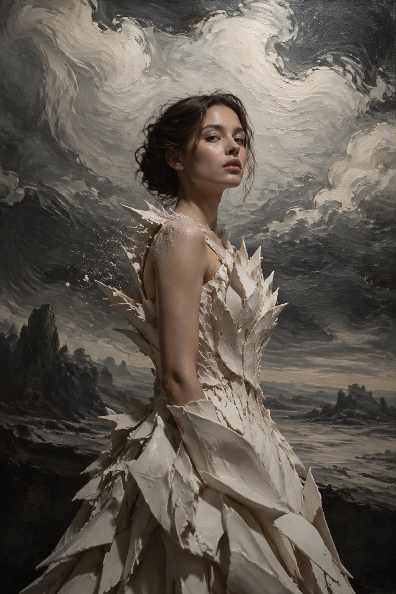 一张照片写实与油画混合风格的作品。一位女子身穿由白色瓷质尖刺塑形而成的长裙,伫立在广阔的单色天空之中;那片天空明显是一幅油画,笔触凝固在半空,仿...