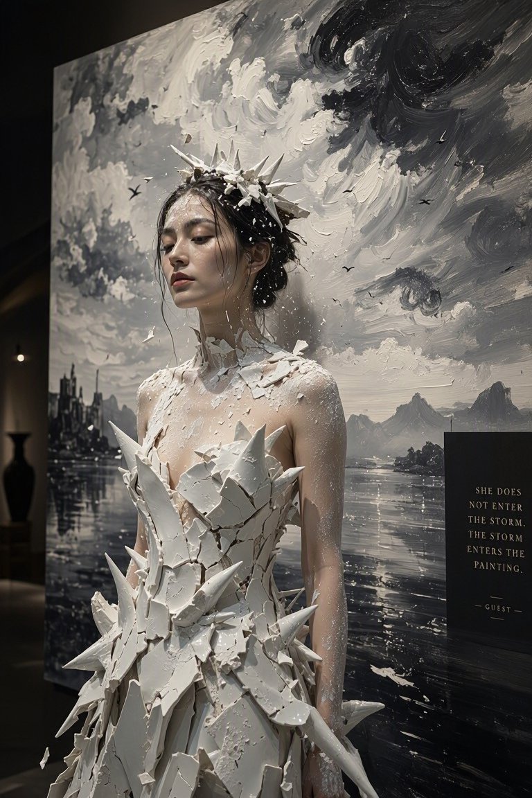 一张照片写实与油画混合风格的作品。一位女子身穿由白色瓷质尖刺塑形而成的长裙,伫立在广阔的单色天空之中;那片天空明显是一幅油画,笔触凝固在半空,仿佛天气仍带着湿润的颜料。聚光灯如美术馆射灯般打在...