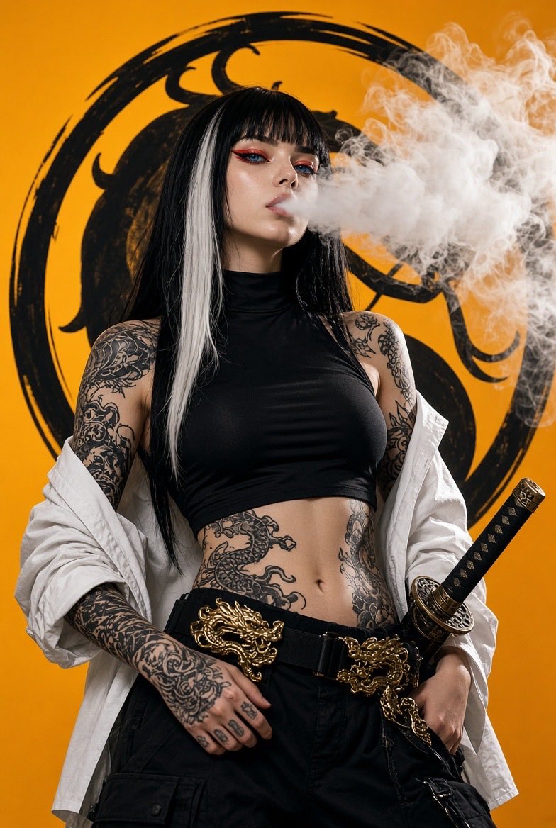 一位20岁出头的年轻女性，留着黑色长直发，一侧垂下醒目的白色发绺，齐刘海，锐利的蓝眼睛描着红眼线，皮肤苍白水润。双臂布满精致的黑色龙纹身，延伸缠绕至腰腹部。她身穿紧身黑色高领无袖短款上衣，外搭...