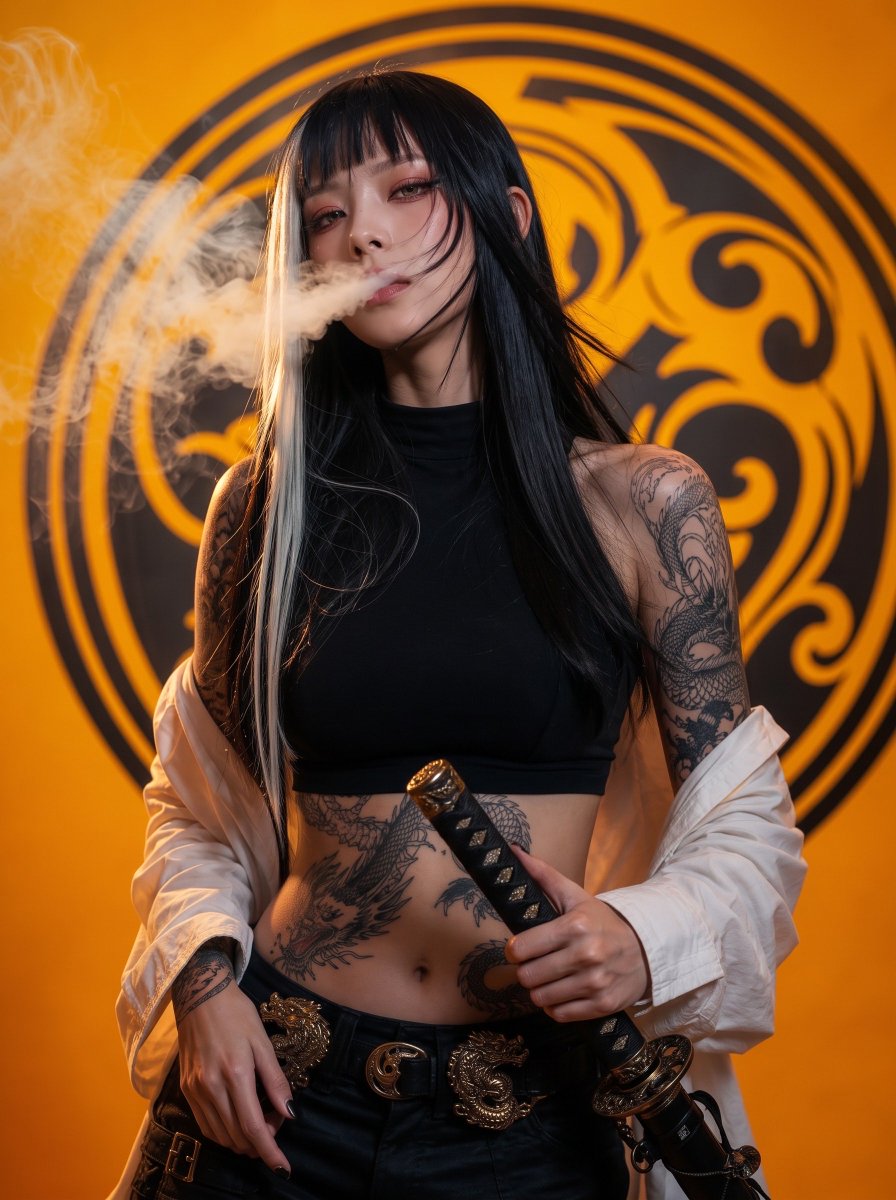 一位20岁出头的年轻女性，留着黑色长直发，一侧垂下醒目的白色发绺，齐刘海，锐利的蓝眼睛描着红眼线，皮肤苍白水润。双臂布满精致的黑色龙纹身，延伸缠绕至腰腹部。她身穿紧身黑色高领无袖短款上衣，外搭...
