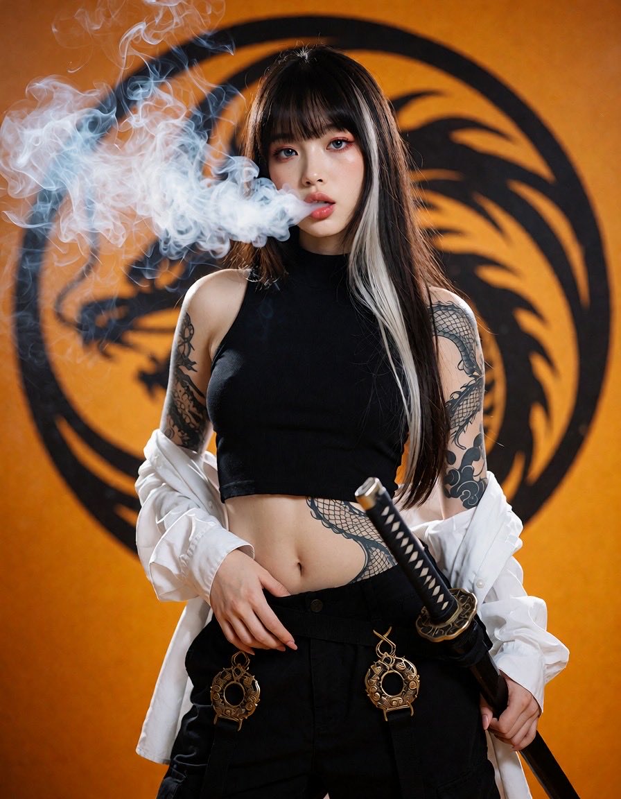 一位20岁出头的年轻女性，留着黑色长直发，一侧垂下醒目的白色发绺，齐刘海，锐利的蓝眼睛描着红眼线，皮肤苍白水润。双臂布满精致的黑色龙纹身，延伸缠绕至腰腹部。她身穿紧身黑色高领无袖短款上衣，外搭...