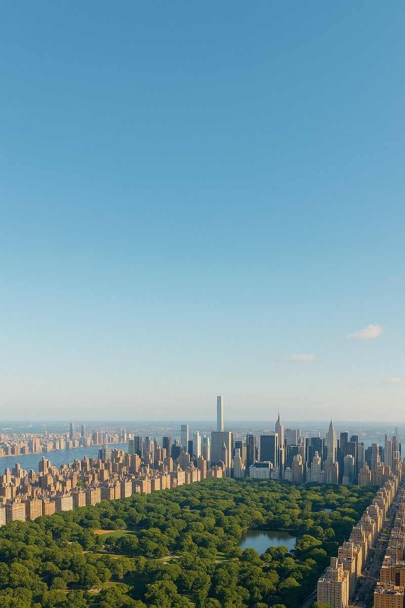 一张竖版海报,上方留有大片空白天空,以便我在上面书写;画面内容为从上方俯瞰纽约上东区,并在图中呈现该区域最著名的部分。
