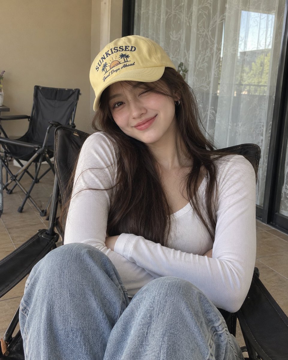 一张超写实的随性人像照片：一位年轻女性舒适地坐在一把深色折叠躺椅上，使用智能手机在室内拍摄。她留着长而顺直的深棕色头发，自然地垂落在肩上，面部轮廓柔和，肌肤光滑自然，眼睛深邃有神，嘴角带着温暖...