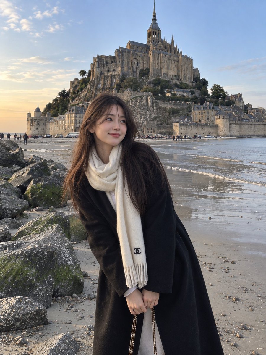 一张照片般逼真的抓拍旅行肖像：一位年轻的东亚女性站在一片宁静的沙滩岸边，旁边是覆盖着苔藓的巨大岩石，身后一座壮观的古老石砌修道院和中世纪城堡式建...