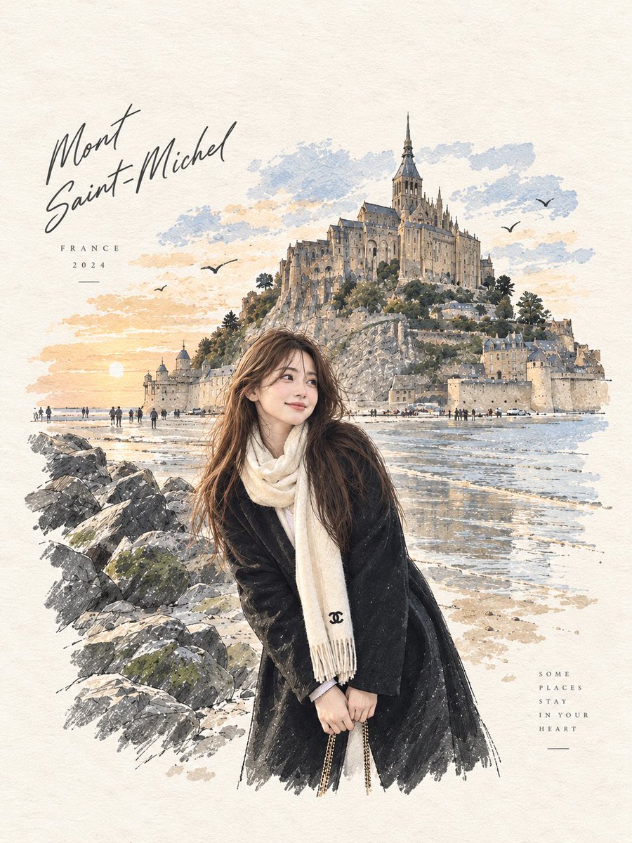 一张照片般逼真的抓拍旅行肖像：一位年轻的东亚女性站在一片宁静的沙滩岸边，旁边是覆盖着苔藓的巨大岩石，身后一座壮观的古老石砌修道院和中世纪城堡式建筑戏剧性地矗立在岩石小岛上。她留着一头深棕色的长...