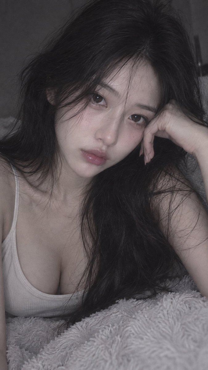 📱 iPhone 前置摄像头随手抓拍，9:16；18–22 岁、明确成年的漂亮东亚女性，约 1.75 米，精致五官，冷白通透肌肤，高挑纤细模特身材，胸部视觉约自然 E 罩杯。深色柔顺蓬松大波浪...