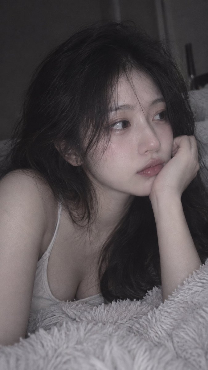 📱 iPhone 前置摄像头随手抓拍，9:16；18–22 岁、明确成年的漂亮东亚女性，约 1.75 米，精致五官，冷白通透肌肤，高挑纤细模特身材，胸部视觉约自然 E 罩杯。深色柔顺蓬松大波浪...
