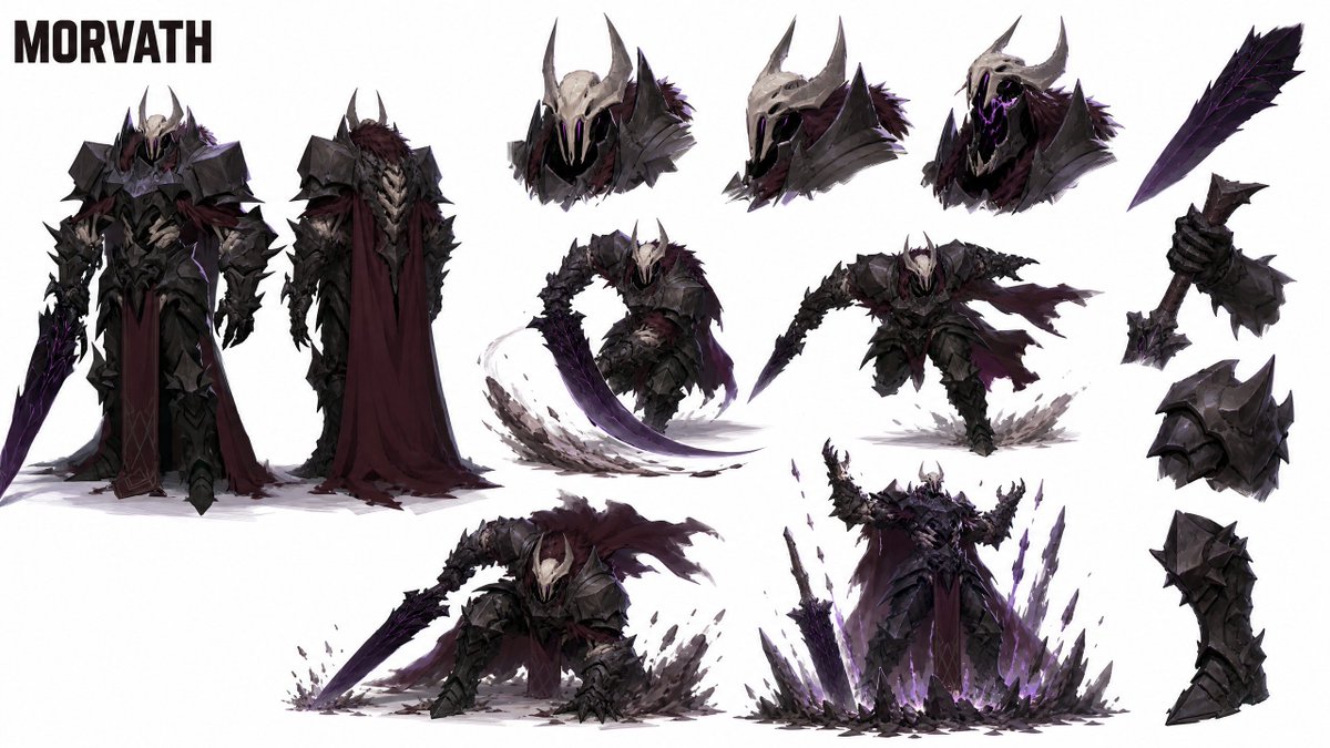 2D 平面插画，框内居中一个全身人物：Morvath，哥特式地牢 BOSS 级巨像，高耸威严，重心低沉，斗篷拂地。头戴带角的大教堂骨骼骷髅盔，狭窄的紫色眼缝。身穿棱角分明的黑铁板甲，方形石板肩...