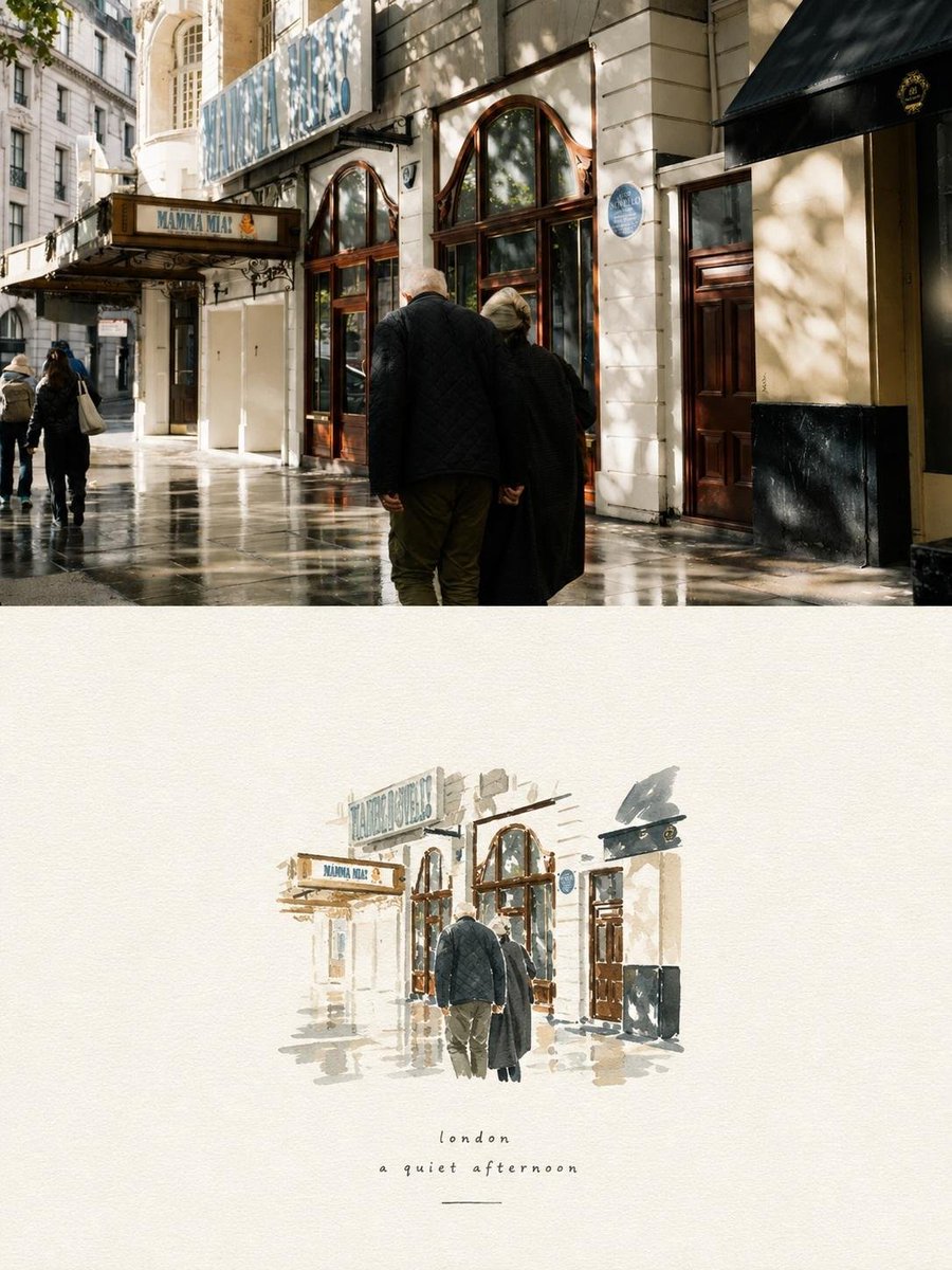 根据一张参考照片，创作一幅精致的编辑风格旅行艺术构图。图像垂直分为两部分：上半部分是一幅写实、电影感十足的旅行照片，下半部分则将完全相同的场景转化为细腻的手绘水彩插画。 上半部分：真实自然的抓...