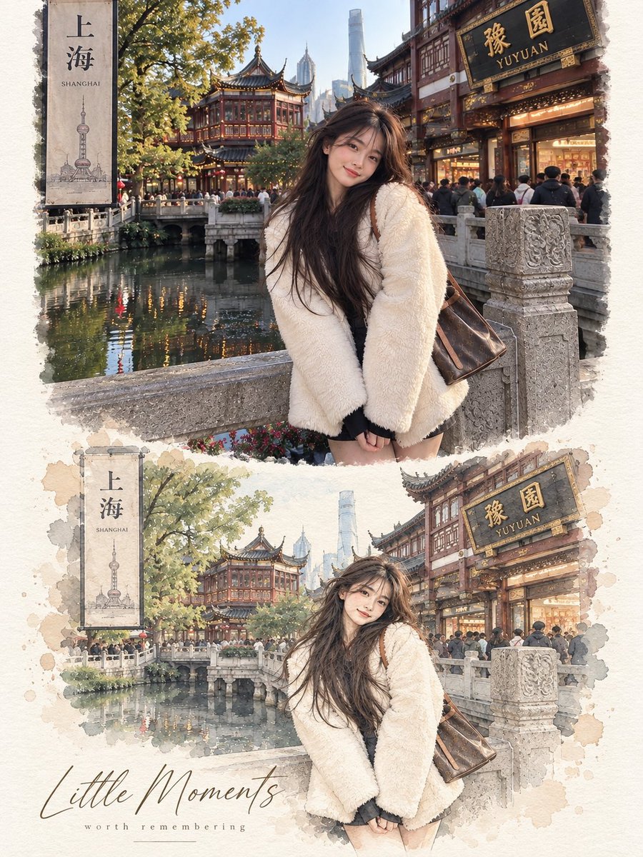 GPT image 2 via @openart_ai 提示词 完全依据上传的照片，创作一幅高级极简水彩小品画作。准确保留主体、身份、姿势、服装、物品、环境、光线、色彩、构图和氛围。 让照片保...