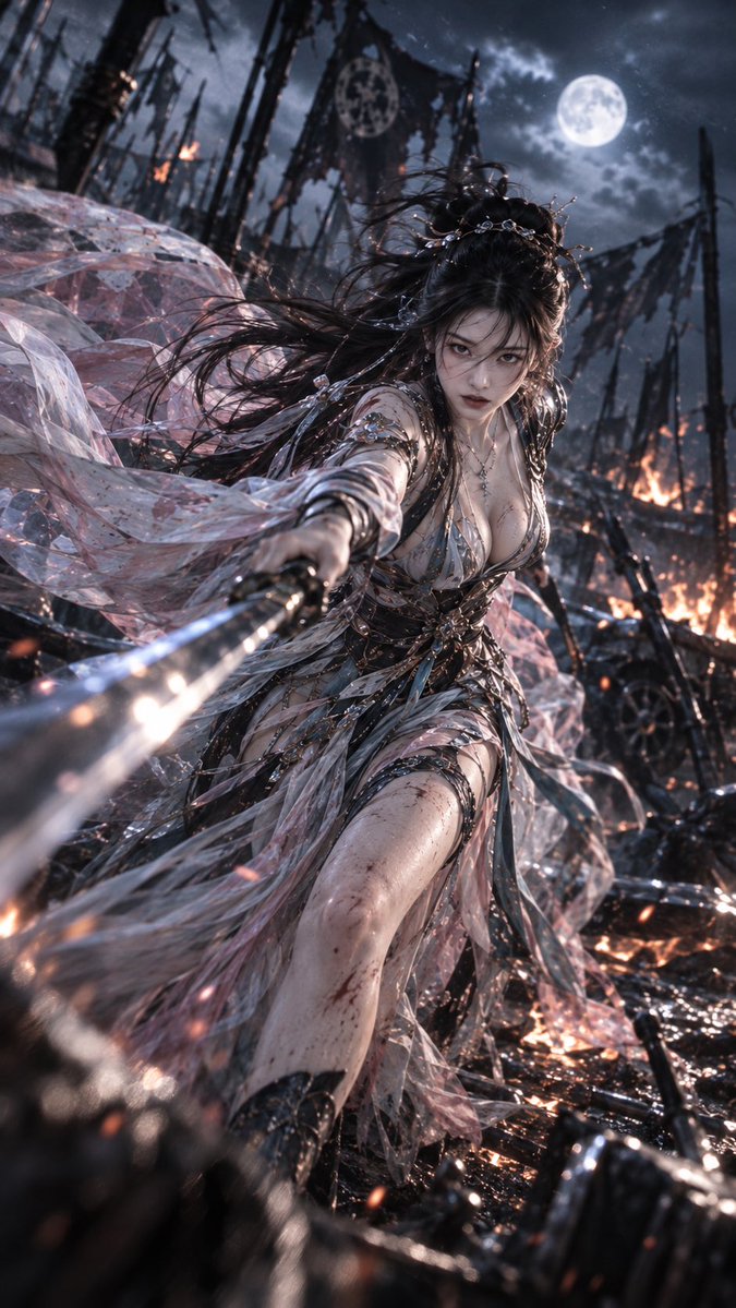 🎞️ 东方仙侠电影写真，9:16；18–22 岁、明确成年的漂亮东亚女性，约 1.75 米，精致冷艳五官，白皙肌肤，高挑纤细模特身材，胸部视觉约自然 E 罩杯。粉白 × 蓝灰 × 青色层叠深...