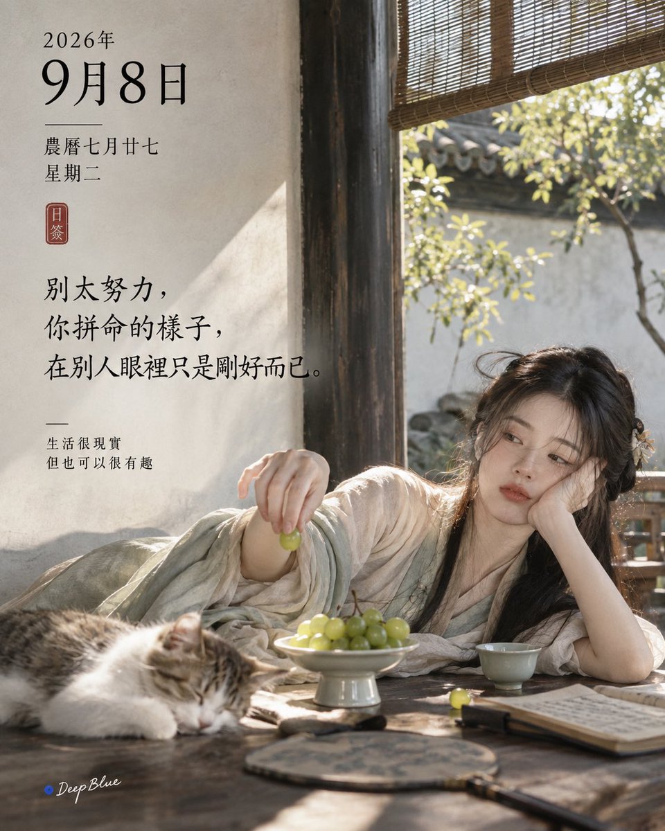 【毒雞湯日簽｜2026年9月8日】 根據日期自動準確生成對應的中國農曆、星期與一句當日毒雞湯。 4:5豎版；極簡東方 、宋式美學 ；根據毒雞湯內容搭配有反差感的東方生活場景；克制留白、自然光影...