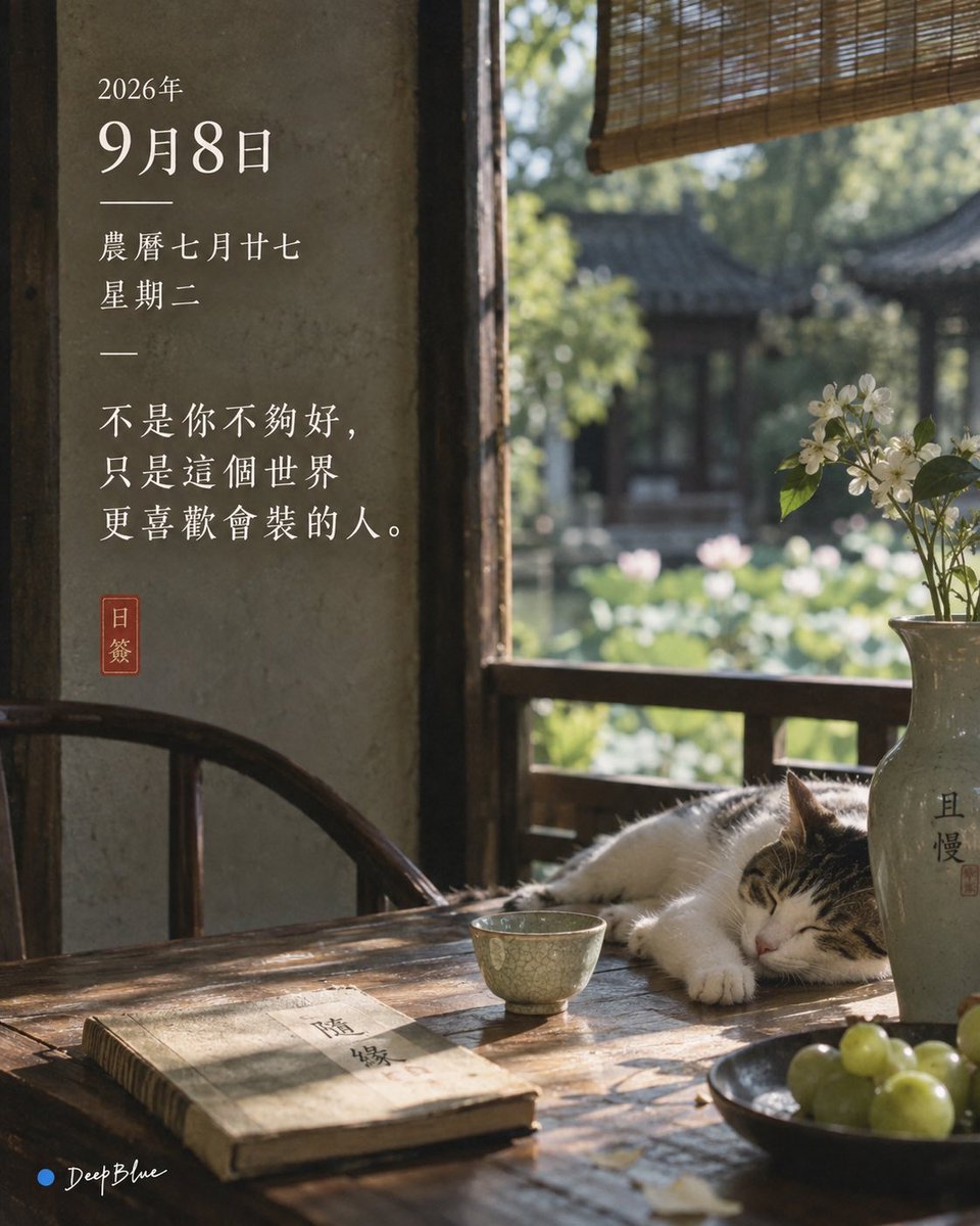 【毒雞湯日簽｜2026年9月8日】 根據日期自動準確生成對應的中國農曆、星期與一句當日毒雞湯。 4:5豎版；極簡東方 、宋式美學 ；根據毒雞湯內容搭配有反差感的東方生活場景；克制留白、自然光影...