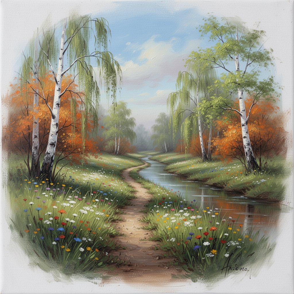 柔和的绘画风格油画风景：一条狭窄的土路蜿蜒穿过春日草地，消失于野花之中，看不到尽头。一条静谧、缓缓流淌的小溪倒映着淡蓝色天空与柔和的云朵。垂柳与...
