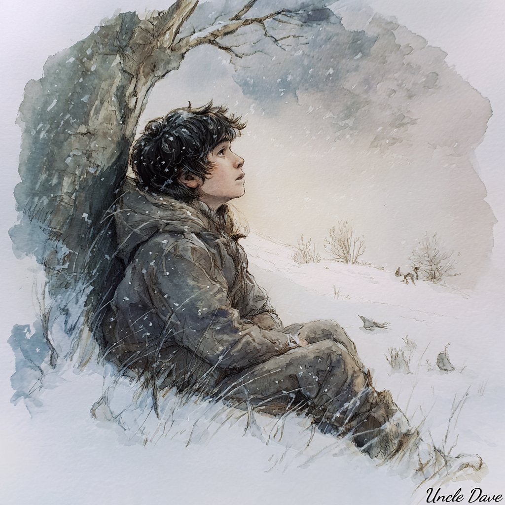 当你是一个13岁的男孩，遭遇了一场冬季风暴。水彩画，圆形粗糙边缘的晕影画，晕影之外是一些微小的场景，展示如果他没有遭遇风暴，他本来会在做什么；1:1 长宽比 @ChatGPT 做对了。最后两个...