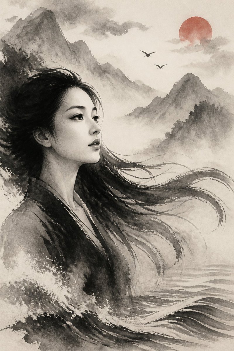 水墨画：粗犷的湿黑笔触勾勒主体，边缘带有干笔飞白，湿润的墨色渗入纸张纤维，层层墨晕营造出深度。一位美丽女子的面容望向未来，她的长发飘向远方。背景更丰富且均衡：柔和的墨色山脉、飘渺的雾气、一轮小...
