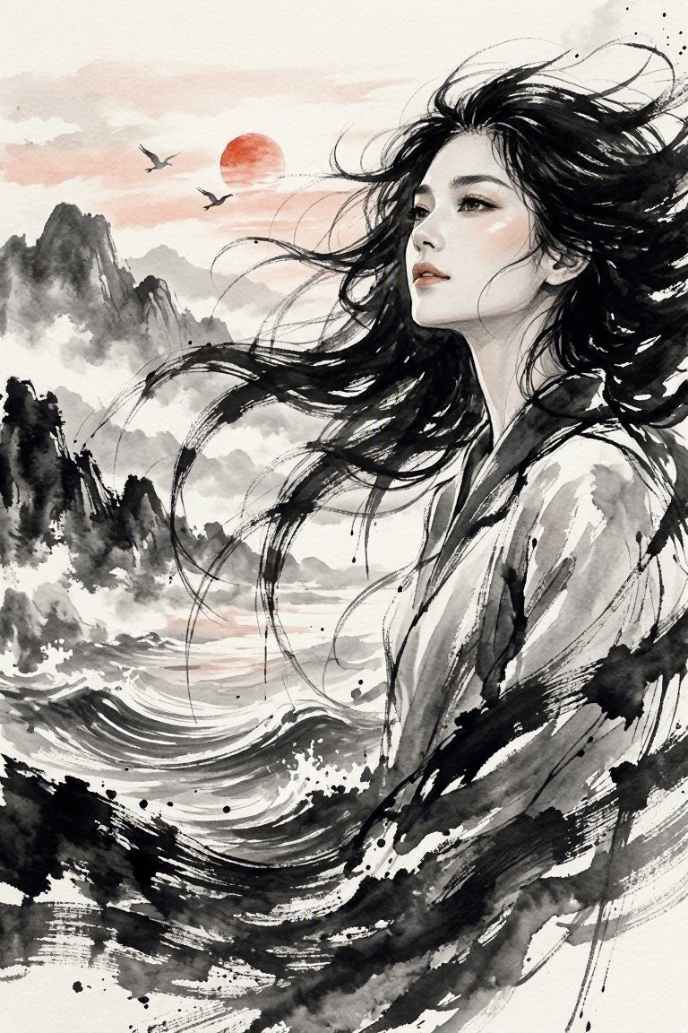水墨画：粗犷的湿黑笔触勾勒主体，边缘带有干笔飞白，湿润的墨色渗入纸张纤维，层层墨晕营造出深度。一位美丽女子的面容望向未来，她的长发飘向远方。背景更丰富且均衡：柔和的墨色山脉、飘渺的雾气、一轮小...