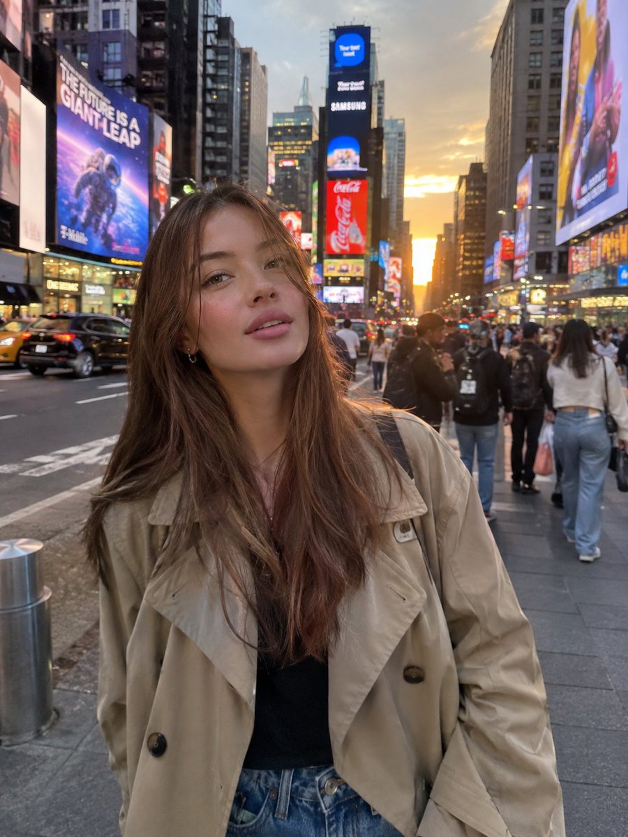 超写实照片，主体为[角色，例如：20多岁的年轻女性 / 30多岁的男性]，站立于[地点，例如：纽约时报广场 / 东京狭窄的街道 / 巴黎某处屋顶]，身穿[服装，例如：宽松的米色风衣和牛仔裤 /...
