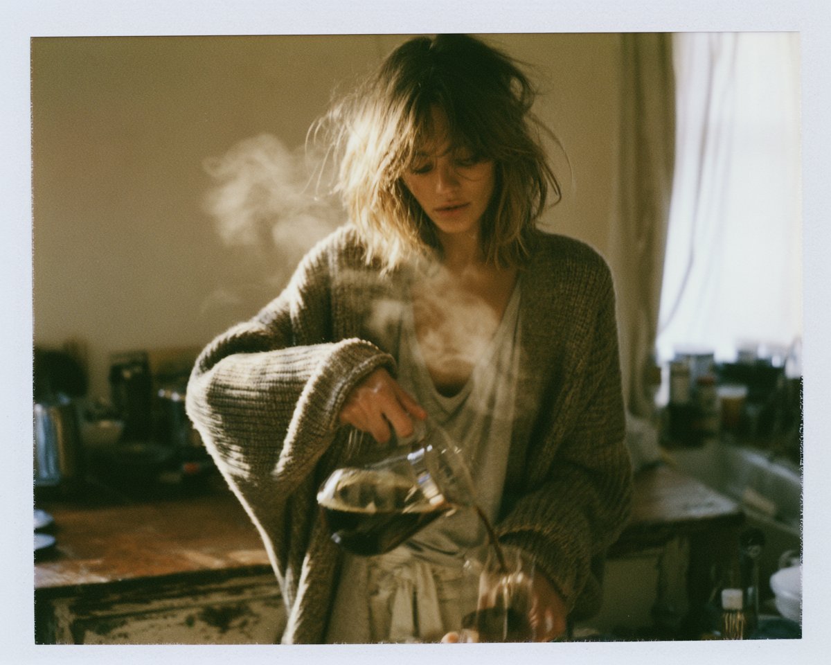 一张随拍风格的宝丽来 SX-70 人像照片：一位美丽的年轻成年女性刚醒来，站在一间小厨房里，浅棕色头发凌乱蓬松，身着宽松的针织开衫套在简约睡衣外面，正从玻璃咖啡壶中倒出咖啡，蒸汽从她脸旁升起；...