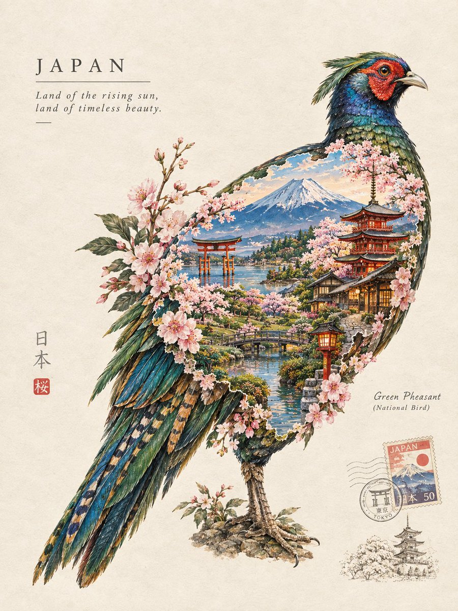 创作一幅精美的艺术插画，以[COUNTRY]（国家）的国鸟[NATIONAL BIRD]（国鸟）来代表该国家。让这只鸟自然地环绕着[COUNTRY]（国家）可辨识的轮廓展开，国家的地图清晰地呈...