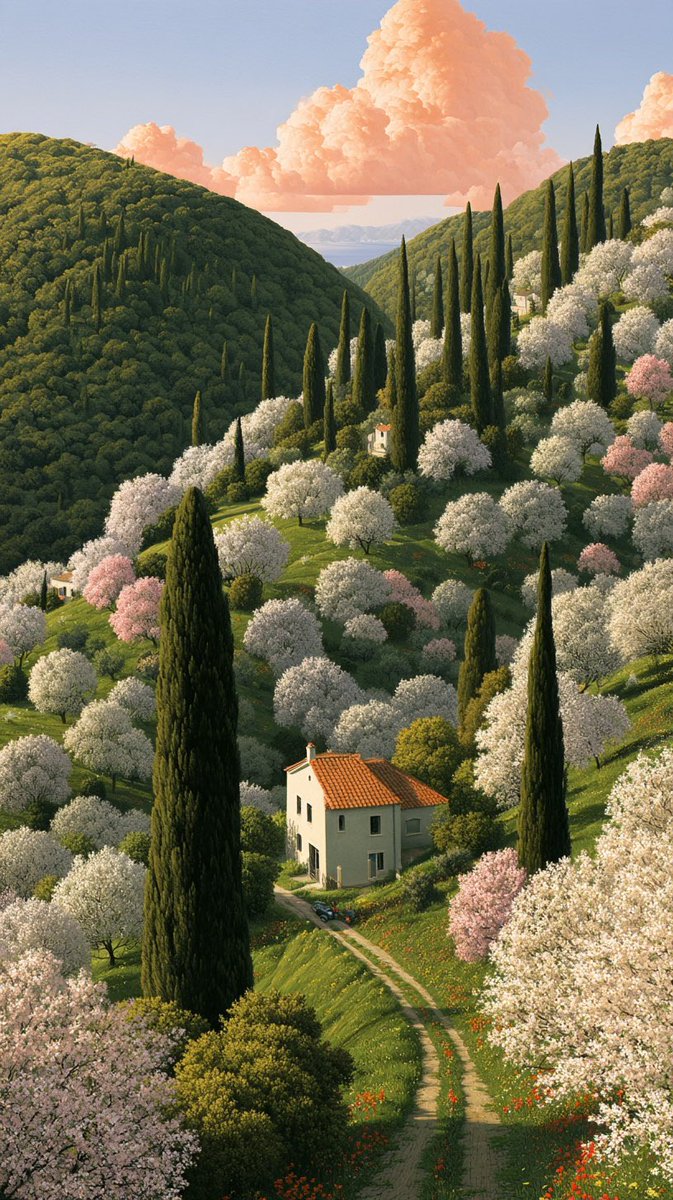 山丘披着花海与静谧，迈希尔·施里弗 (michiel schrijver) 的画作 --ar 9:16 https://t.co/pIioPbpkeT