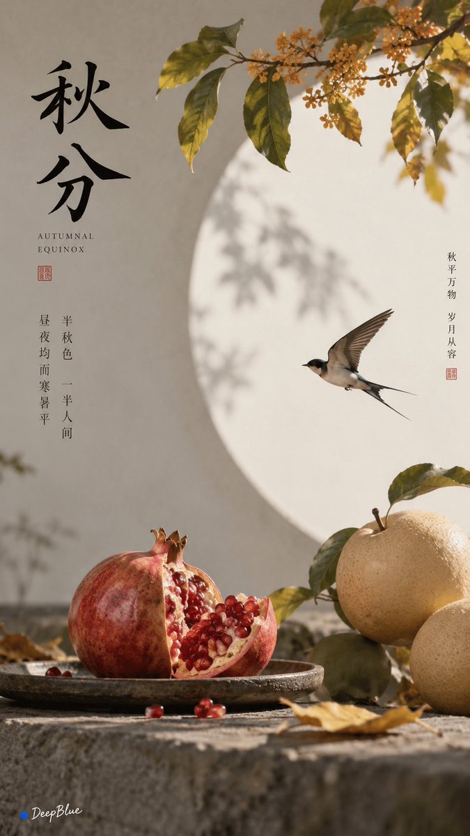 极简东方 × 宋式美学 × 时令诗意 × 独立艺术封面 × 东方自然意境 中国农历节气：秋分 视觉主体：根据节气特征，选择3种最具节气代表性与视觉美感的瓜果蔬菜、动物或自然现象。