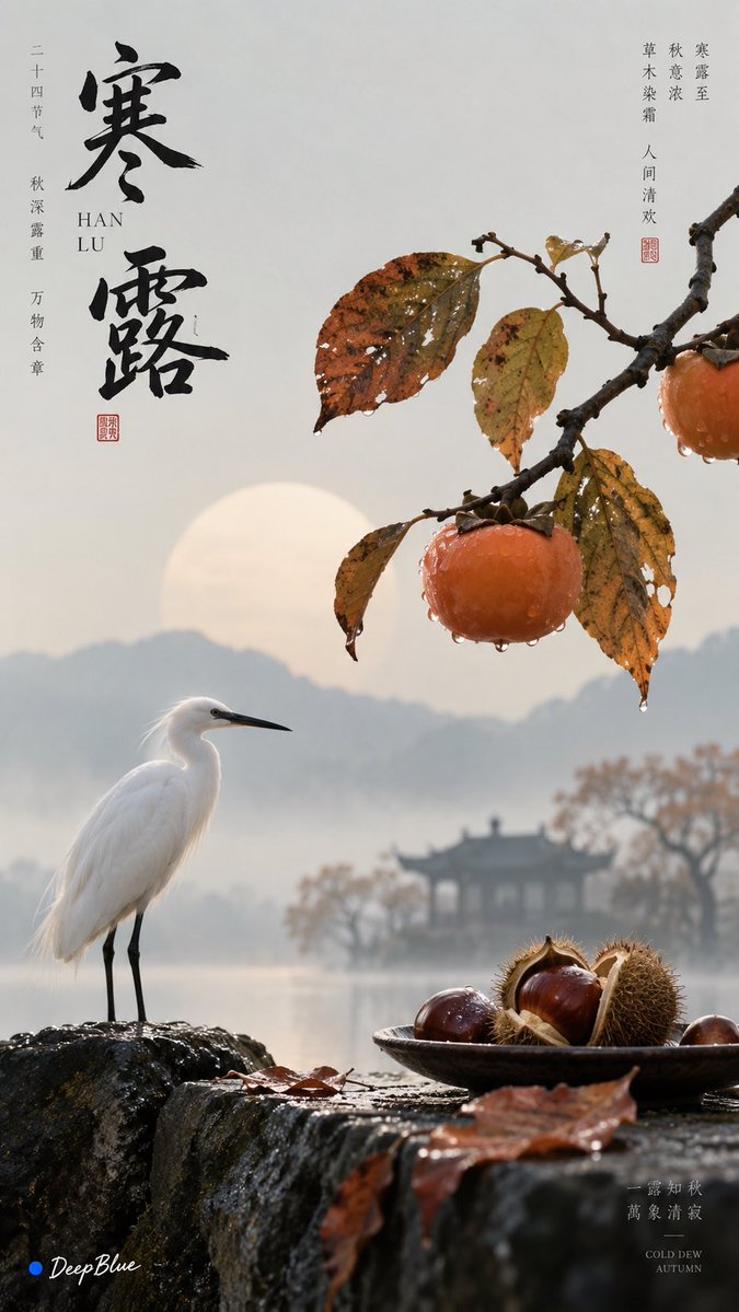 极简东方 × 宋式美学 × 时令诗意 × 独立艺术封面 × 东方自然意境 中国农历节气：秋分 视觉主体：根据节气特征，选择3种最具节气代表性与视觉美感的瓜果蔬菜、动物或自然现象。