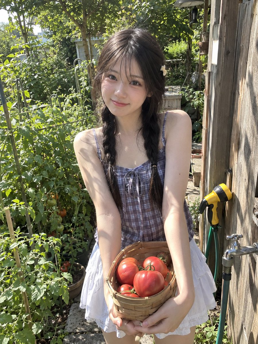 一张照片般逼真的夏日菜园抓拍人像，描绘一位年轻东亚女性在晴朗明亮的午后户外，站在一片郁郁葱葱的菜园旁边。她留着乌黑的长发，梳成两条松散的麻花辫，配以柔和蓬松的刘海修饰脸庞，并别着一枚浅色的小发...