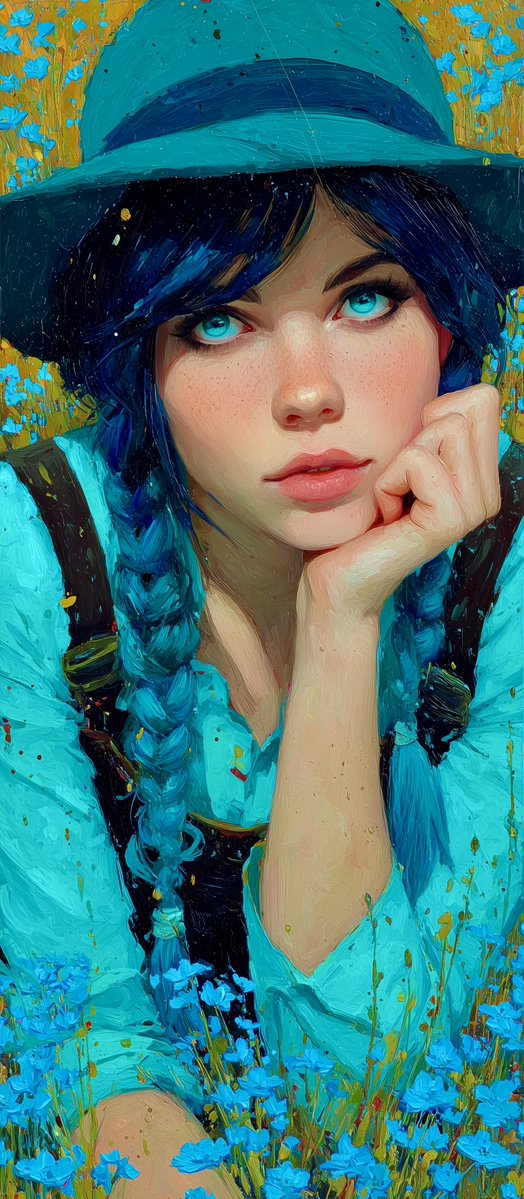 一幅竖构图的油画风格肖像画：一位年轻女子将脸颊轻倚在一只手上，向上凝视，拥有一双明亮的绿松石色眼眸，神情梦幻而内省。她有着深藏青近黑的头发，扎成两条长辫，发丝中带有鲜明的青蓝-蓝色挑染；头戴一...