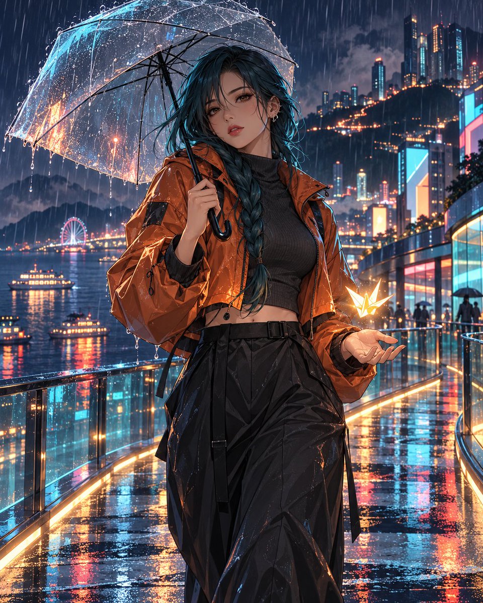 光会找到你 即使在雨中，也会有一点点光透过来。 ✨ 由 GPT Image @ChatGPT 创作 提示词如下 👇 一部电影感的动漫风格时尚人像：一位美丽的年轻成年女性走在夜间未来主义海滨城市...