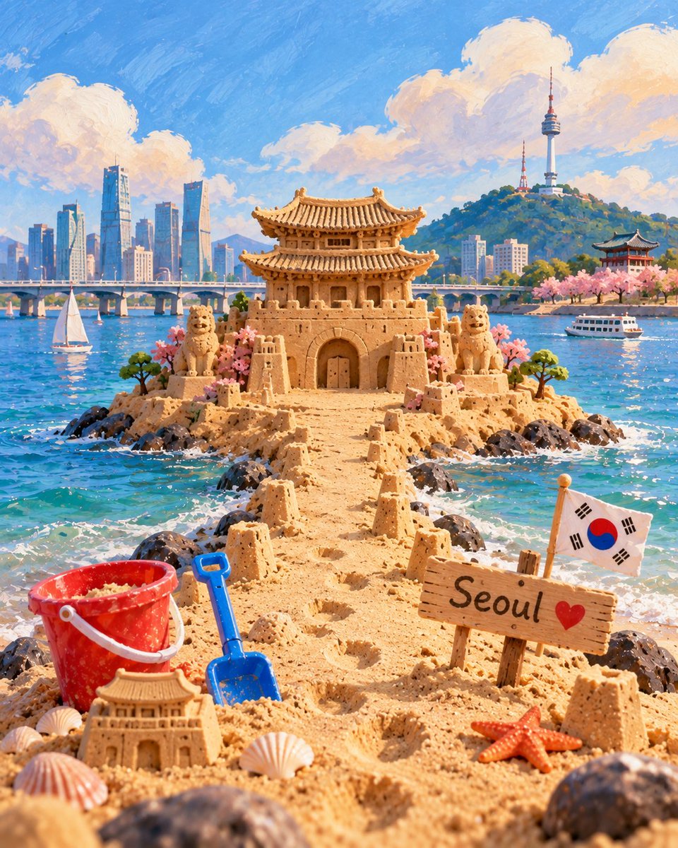 创作一个高端的 4:5 竖版儿童绘本封面： 地点：[LOCATION] 地标：[LANDMARK] 国家：[COUNTRY] 在一片伸入大海的沙洲上，由一个孩子用爱心打造一座神奇的小型 [LO...