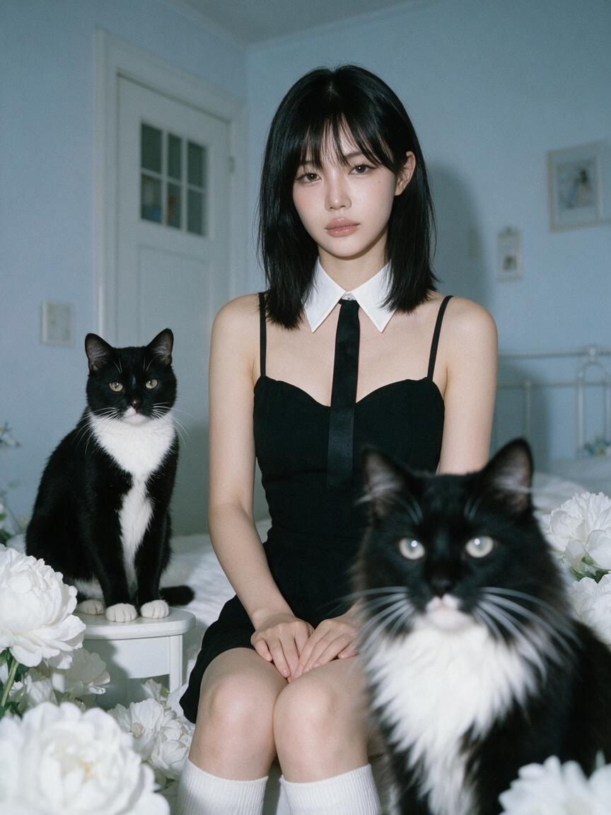 超写实柔焦卧室时尚人像：一位年轻成年女性坐在一间冷色调粉蓝色房间中，周围环绕着超大朵的白色花朵和两只黑白相间的猫。画面应感觉梦幻、安静、略带怪诞，并带有细腻的Y2K风格——像是用老式数码相机拍...